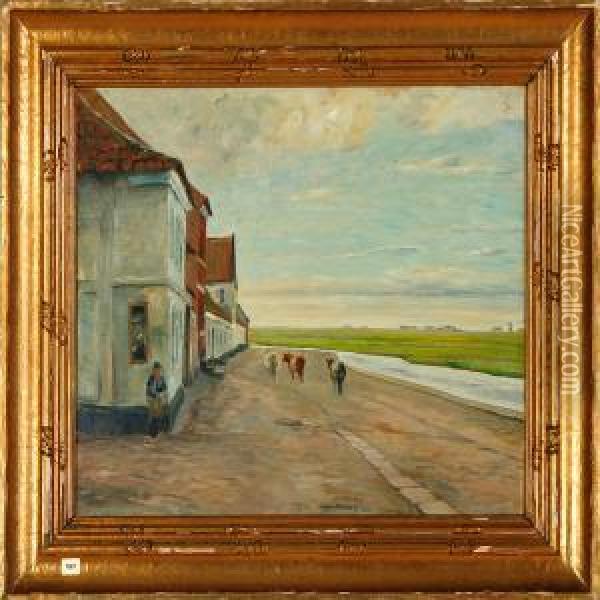 A Danish Street Scenery From Ribe Town Oil Painting - Johan Rohde