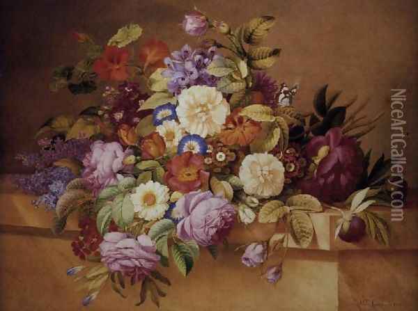 Roses, Convolvuli and other Flowers on a Ledge Oil Painting - Alexandre Couronne
