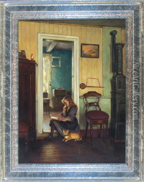 Im Turstock Sitzendes, Lesendes Junges Madchen Mit Getigerter Katze Im Stubeninterieur Oil Painting - Friedrich (Fritz) Raupp