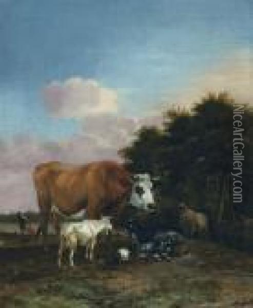 Landscape With Bull And Goats (1662) Oil Painting - Albert-Jansz. Klomp