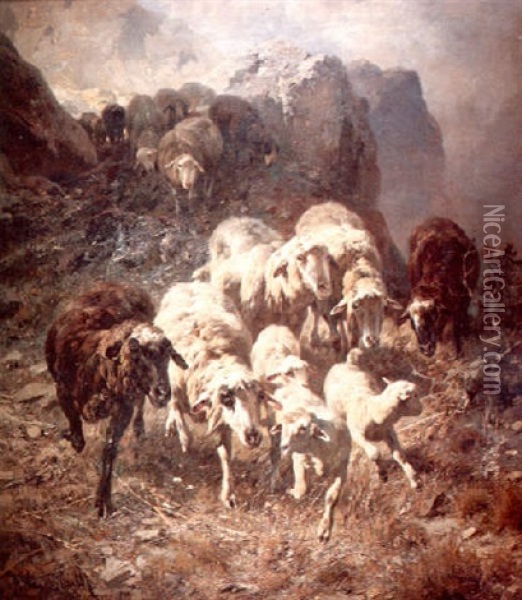 A Flock Of Sheep Along A Mountain Path Oil Painting - Anton Braith