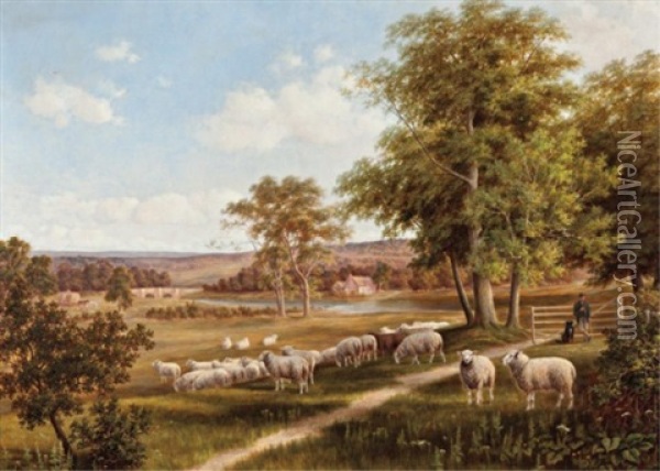 Idyllic English Pasture Oil Painting - Henry Harold Vickers