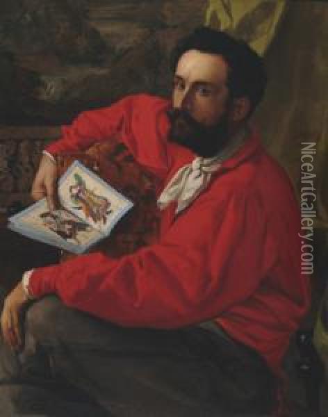 Portrait Presume De Jose Maria De Heredia Regardant Des Estampes Japonaises Oil Painting - Emmanuel Lansyer