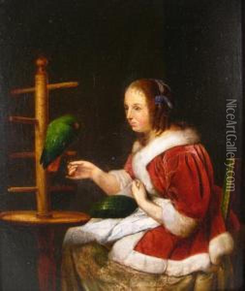 Woman In A Red Jacket With A Parrot Oil Painting - Frans Ii Van Mieris