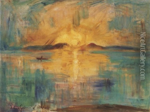 Balatoni Naplemente Badacsonynal (sunset By The Lake Balaton At Badacsony) Oil Painting - Bela Ivanyi Gruenwald