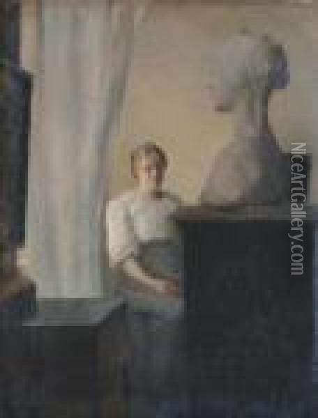 A Young Woman Contemplating A Marble Bust. Oil Painting - Peder Vilhelm Ilsted