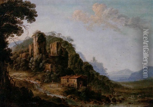 A Mountainous Landscape With Figures Resting Before A House, Situated Beneath A Ruined Castle Oil Painting - Gillis Neyts
