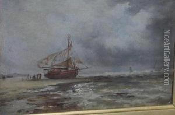 A Beached Fishing Vessel With Figures Oil Painting - Leopold Rivers