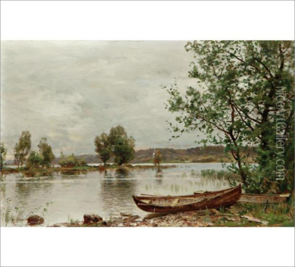 Lake Landscape Oil Painting - Hjalmar (Magnus) Munsterhjelm