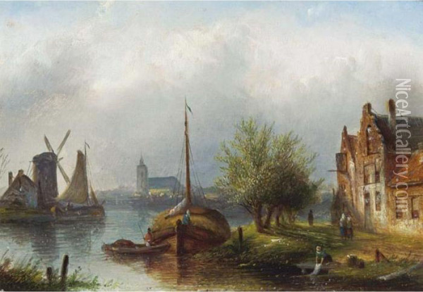 A Summer Landscape With Figures By A River Oil Painting - Jan Jacob Coenraad Spohler