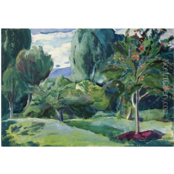 Landscape With Apple Tree Oil Painting - Aleksei Ilych Kravchenko