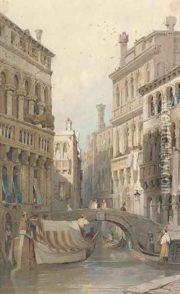 On a Venetian backwater; and Figures on a continental street Oil Painting - Samuel Prout