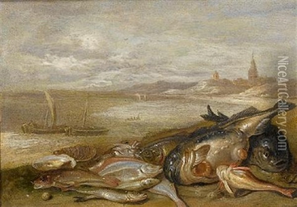 A Still Life Of Various Fish And Crustacea On A Beach, With Fishing Boats And A Town Beyond Oil Painting - Jan van Kessel the Elder