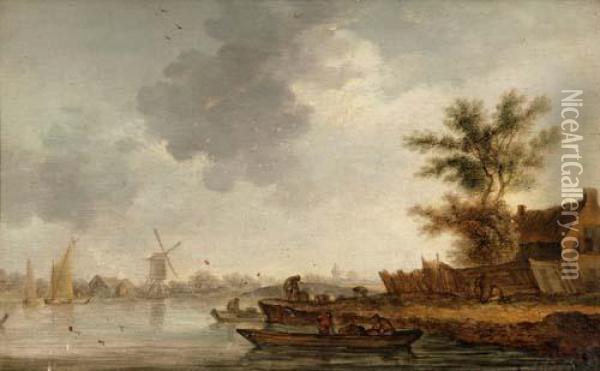 Flusslandschaft Mit Fischern Und Windmuhlen Oil Painting - Jan van Goyen