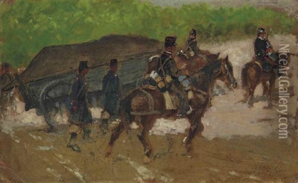 Traino Con Soldati Oil Painting - Giovanni Fattori