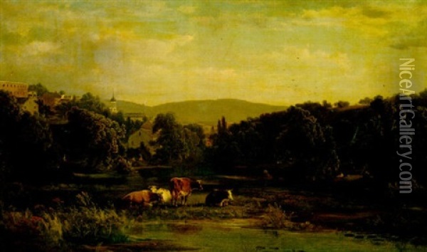 Landscape With Cows, A Town In The Distance Oil Painting - Dewitt Clinton Boutelle