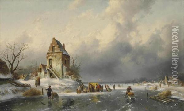 Skaters On A Frozen Lake With A Koek-en-zopie Beyond Oil Painting - Charles Henri Leickert