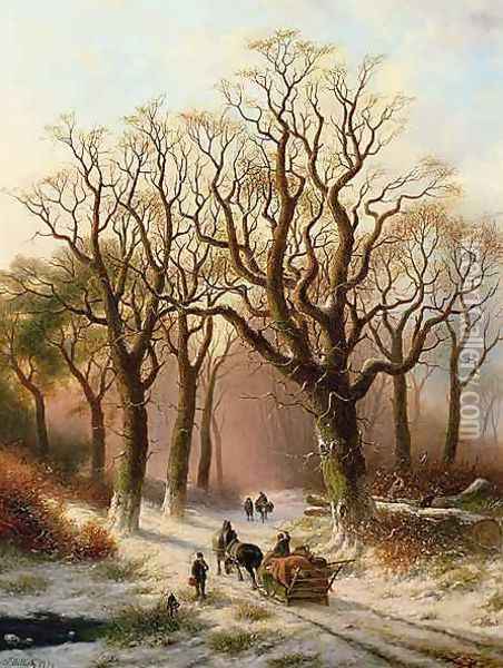 Woodcutters on a winter path Oil Painting - P. Hilliot