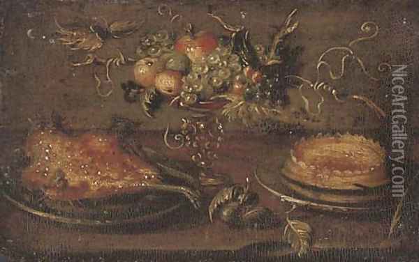 A roast on a platter, a cake, an apple, a pear, peaches and grapes in a tazza on a stone ledge Oil Painting - Jan van Kessel