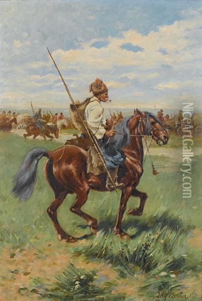 Cossacks Fording Oil Painting - Jozef Von Brandt