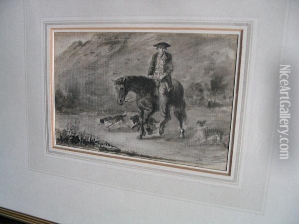 A Figure, Reputedly Haynes King, On A Horse, With Dogs Oil Painting - Thomas Faed