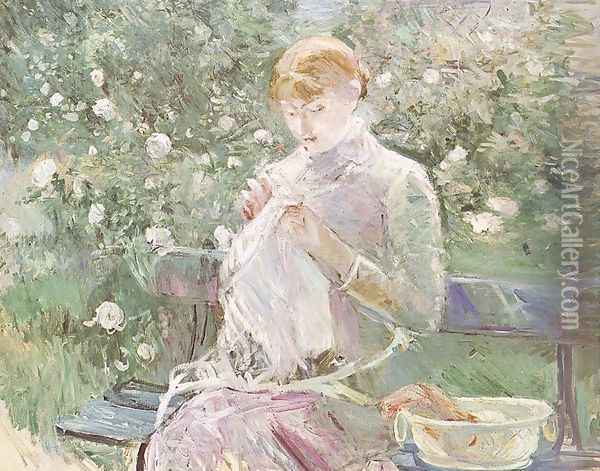 Young Woman Sewing in a Garden 1881 Oil Painting - Berthe Morisot