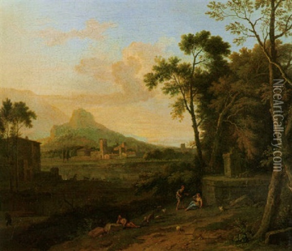 An Italianate Landscape With Shepherds...&       Peasants By A Waterfall In A Wooded Landscape Oil Painting - Jan Van Huysum