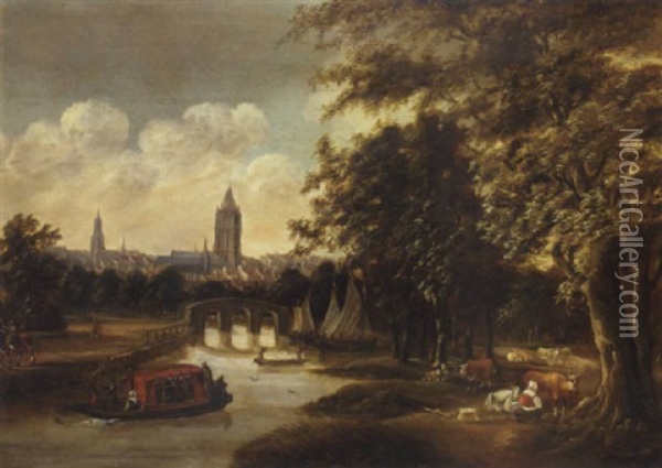 A View Of Delft From The North With The Leiden Ferry Oil Painting - Willem Dalen