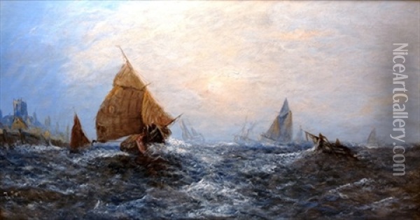 Fishing And Other Vessels Offshore Oil Painting - John Cantiloe Joy