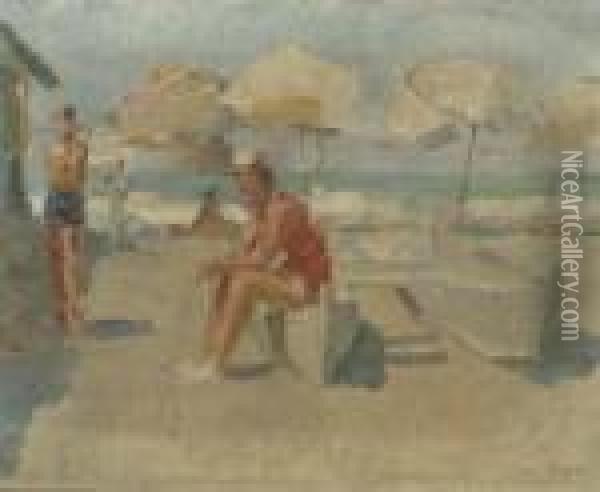 Lidostrand Met Parasols En Bootjes: At The Beach Of The Lido,venice Oil Painting - Isaac Israels