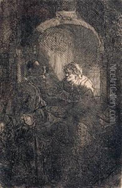 Mujer En La Puerta Hablando Con Hombre Y Ninos Oil Painting - Rembrandt Van Rijn