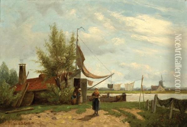 Laundry Day At A Shippersfamily Oil Painting - Johannes Hermann Barend Koekkoek