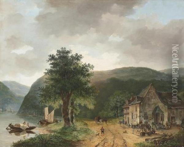 Sommerliche Flussuferpartie Mit Postrelais. Oil Painting - Georgius Jacobus J. Van Os