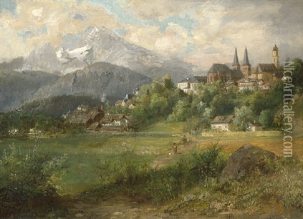 Sommerliche Landschaft Mit Blick Auf Berchtesgaden Oil Painting - Eduard Heinel
