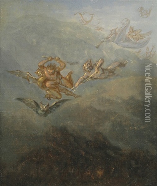 Satan, Hexen Und Eule Im Flug (study) Oil Painting - Moritz von Schwind