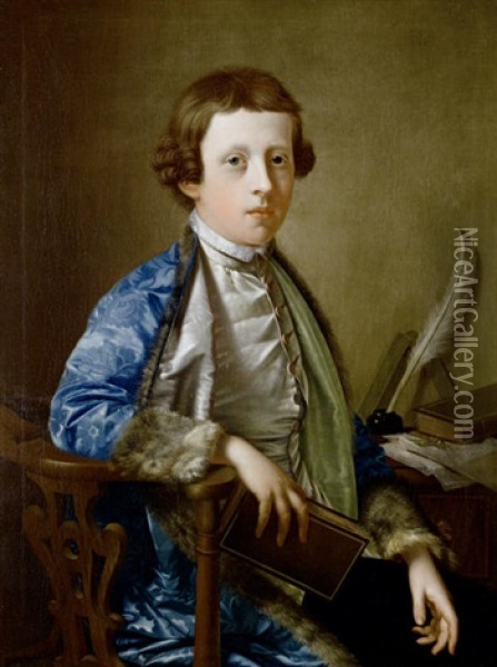 Portrait Of A Boy (john Wolffe) In A Blue Brocade Fur-trimmed Coat, Seated At A Table Holding A Book Oil Painting - Giles Hussey