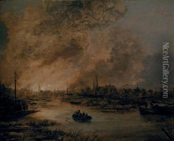 A River Landscape At Night With A Rowing Boat, A Burning City Beyond Oil Painting - Aert van der Neer