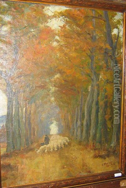 Le Berger Et Ses Moutons Dans Une Dreve Oil Painting - Leopold Haeck
