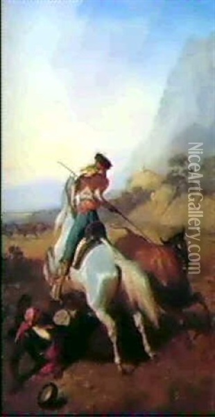 A Bull Hunt Oil Painting - Louis Eugene Ginain