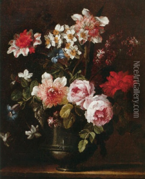 A Still Life Of Roses, Carnations, Chrysanthemums And Other Flowers In A Pewter Urn, Decorated With A Sculpted Satyr Head Oil Painting - Jean-Baptiste Monnoyer
