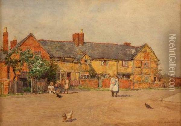 Inscribed To Label Verso Cottages On The Green Oil Painting - George Moore Henton