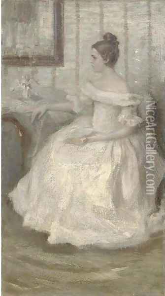 Portrait of a lady in white, seated, holding a book Oil Painting - Nikolaj Alekseevich Kasatkin