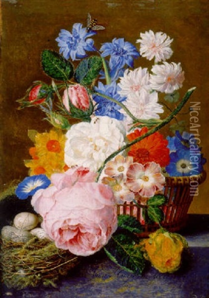 Roses, Morning Glory, Narcissi, Aster, And Other Flowers In A Basket, With Eggs In A Nest On A Marble Ledge Oil Painting - Jan Van Huysum