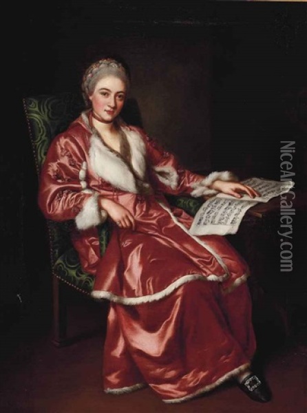 Portrait Of A Lady Traditionally Identified As Madame Katinka, Full-length, In A Red Fur-lined Jacket And Dress, Her Left Hand Resting On A Musical Score Oil Painting - Nathaniel Dance Holland (Sir)