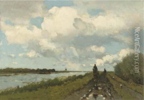 Langs De Vaart: Along The River Near Noorden Oil Painting - Jan Hendrik Weissenbruch