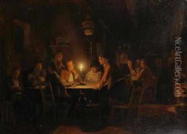 Tavern Scene, Playing Draughts Bycandlelight Oil Painting - Pieter Gerardus Sjamaar