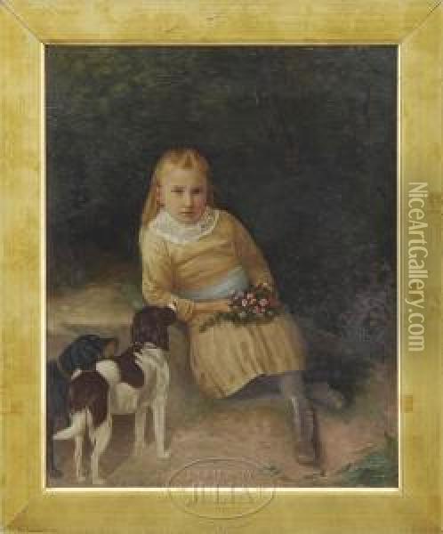 Portrait Of A Girl With Her Dogs Oil Painting - Charles Caleb Ward