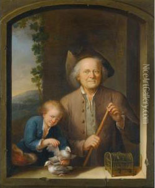 An Elderly Gentleman And A Young Boy In An Archway, Together With Two Doves And A Bird Cage Oil Painting - Jan or Joan van Noordt