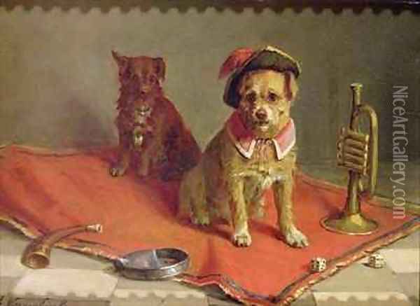 Dog in military hat and collar with trumpet and dice Oil Painting - Charles van den Eycken