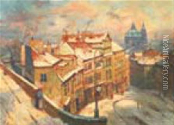 Nerudova Ulice V Zime Oil Painting - Iaro Prochazka